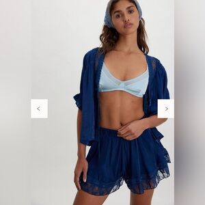 Free People Morning Breeze Lace Trim Pajama Shorts in Navy Blue Small NWT